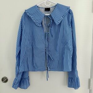 ASOS Blue Striped Front Tie Ruffle Collar Blouse L